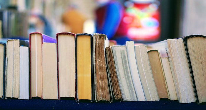 A row of books with their pages facing the camer